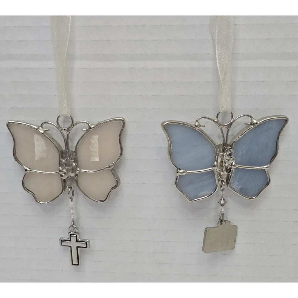 Lot of 2 Vtg Ganz Stained Glass Butterfly Ornaments Suncatcher Blessings Freedom